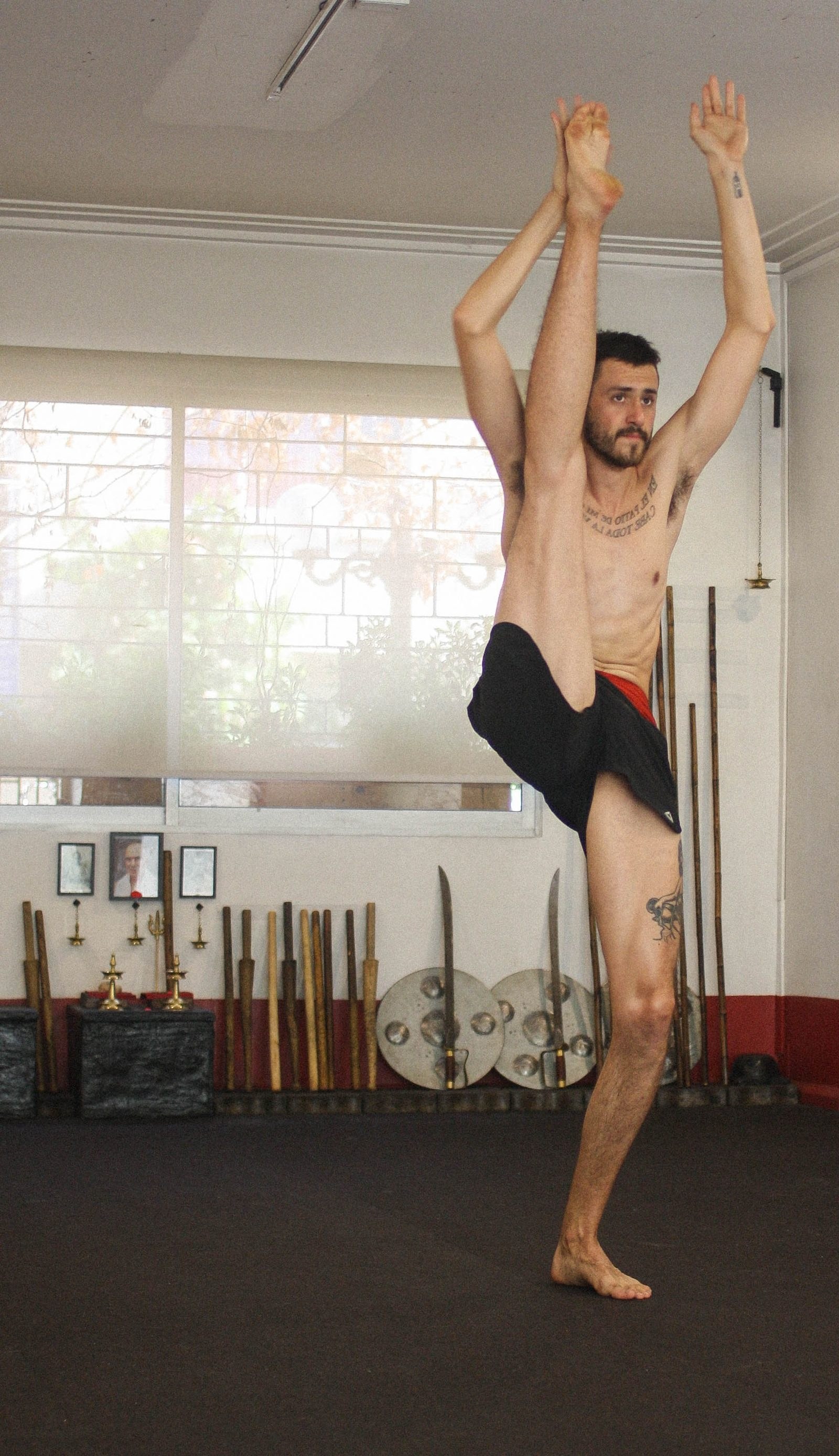 Dario mid-air with sword and shield